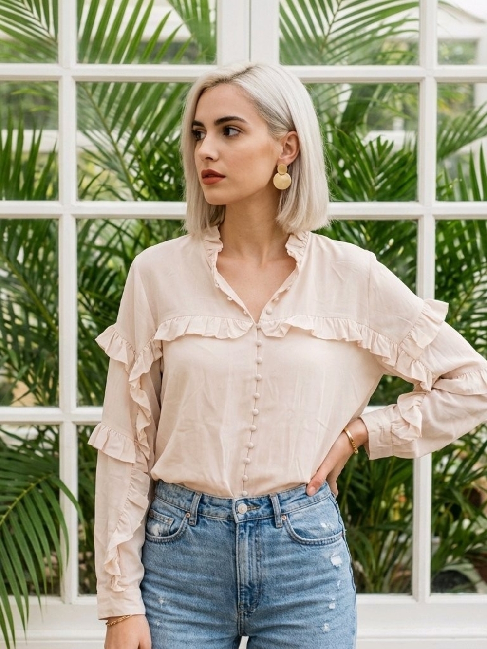 H&M Soft Cream Ruffle Button-Up Blouse - Picture 2 of 7